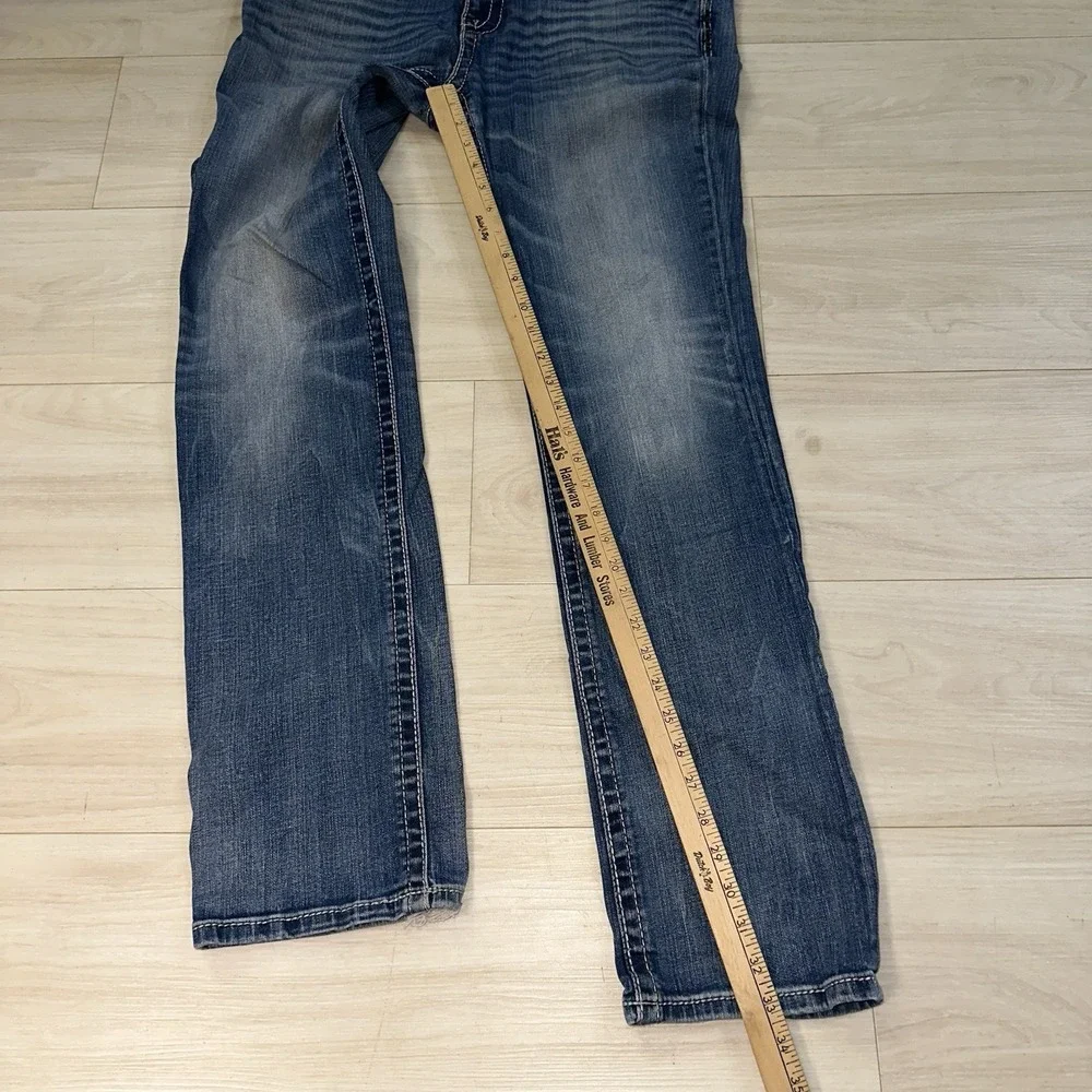 BKE Jeans Mens 34L Blue Derek Straight 36x33 Faded Whiskered Dark‎ Wash Denim